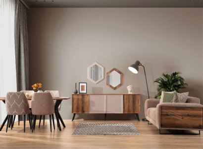 Modern Dining room Furniture Beige 3-Seater Dining table Luxury 4x Chairs Mirror